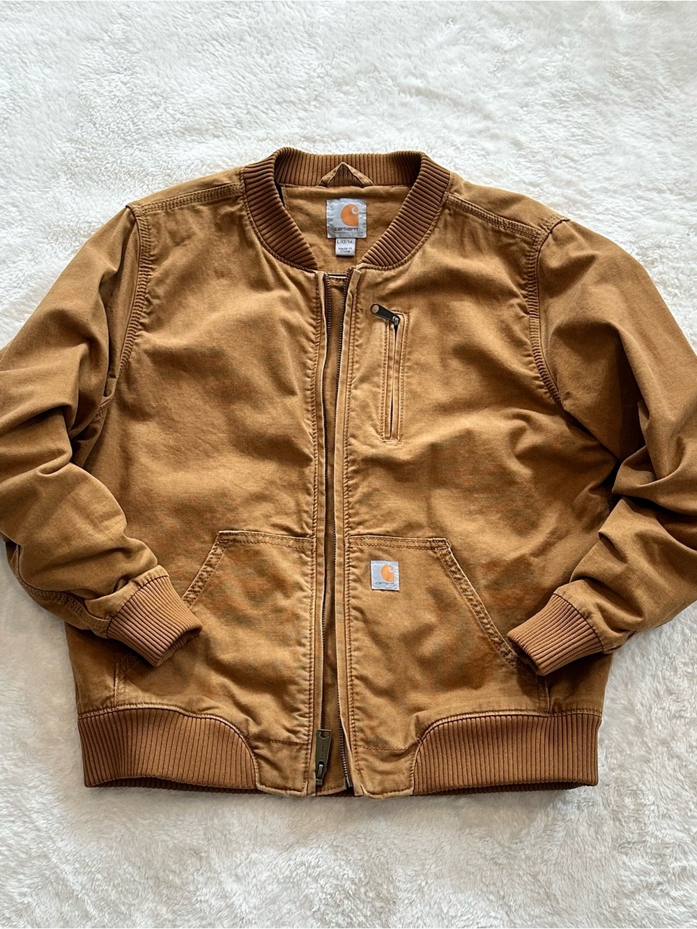 NWOT Carhartt Canvas Bomber Jacket Brown Youth L 12/14 Fits Women XS/S Full Zip